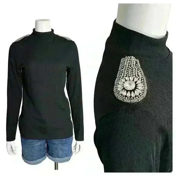 River Island Black Mock Embellished Rhinestone Knit Sweater Size 14 - Picture 1 of 12